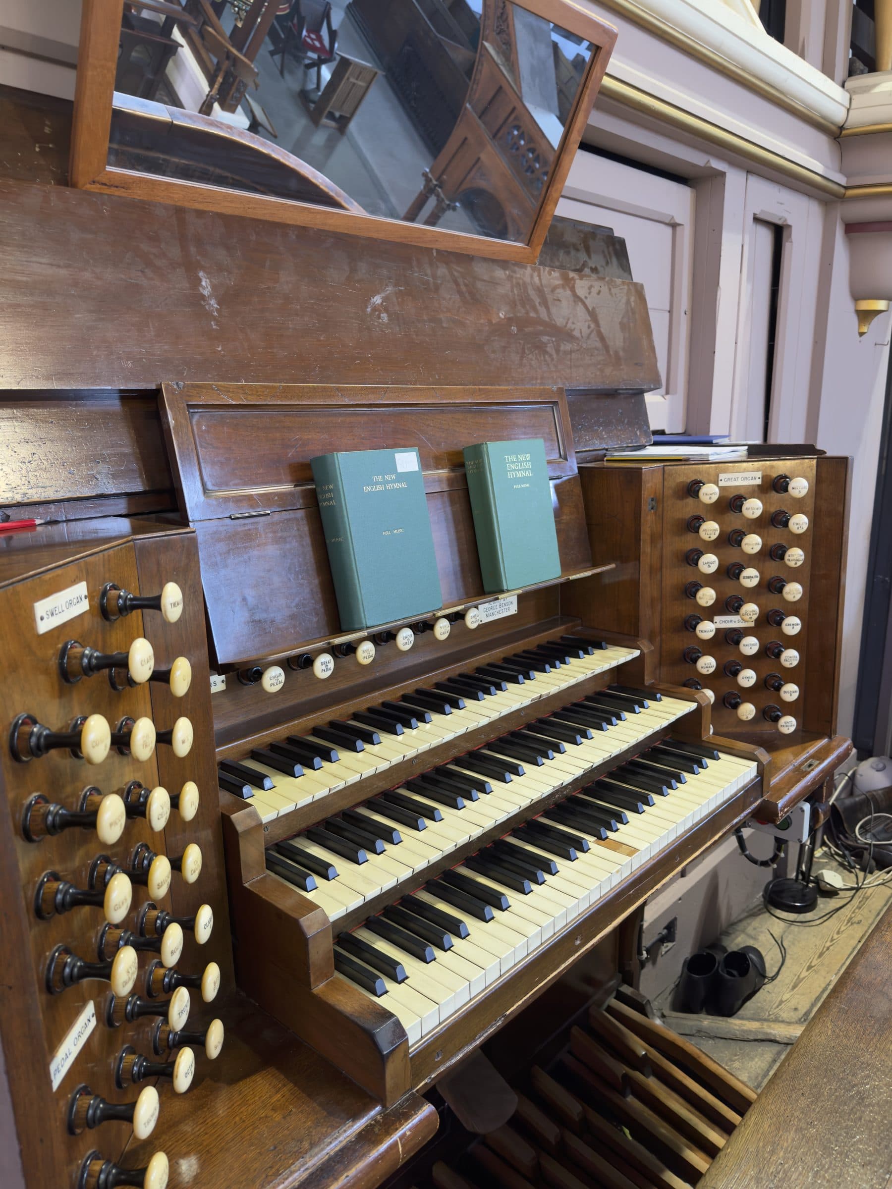 The drawstops and manuals of the organ console